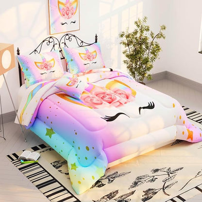 6 Pieces Unicorn Comforter Sets,3D Pink Unicorn Pattern,Decorative 6 Piece Bedding Sets with Comforter,Flat Sheet,Fitted Sheet,Throw Pillow Cover,Pillow Shams,Queen Size