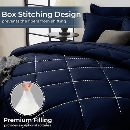 HEVUMYI Navy Blue Queen Comforter Set - 7-Piece All Season Bed in a Bag Queen, Ultra Soft Bedding Set with Comforter, Flat Sheet, Fitted Sheet, Pillowcases, Pillow Shams, Navy Blue