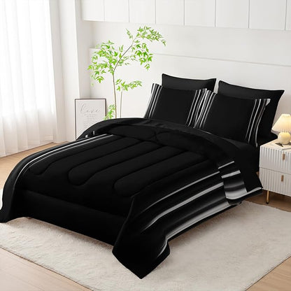 White and Black Bedding Set King Size Abstract Ombre Comforter Set Bedding Set 7 Piece in A Bag,Dark Quilt Set Mordern Art Decor All Seasons with Pillowcases,Flat, Fitted Sheet