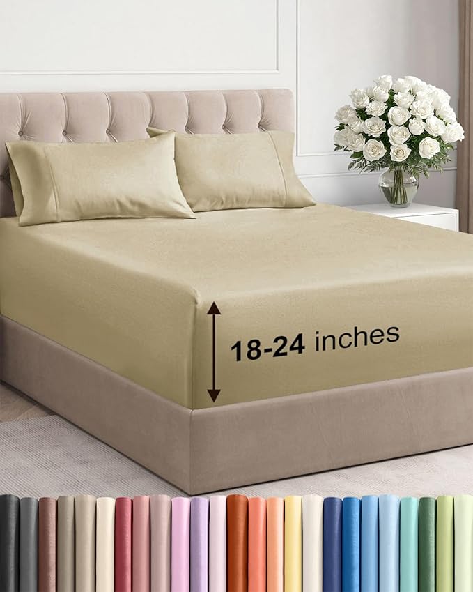 Extra Deep Twin XL Sheet Set - 4 Piece Breathable and Cooling Sheets - Hotel Luxury Bedding for Women, Men, Kids & Teens - Easy & Secure Fit - Soft, Wrinkle Free and Comfy - Extra Deep Pockets - Beige