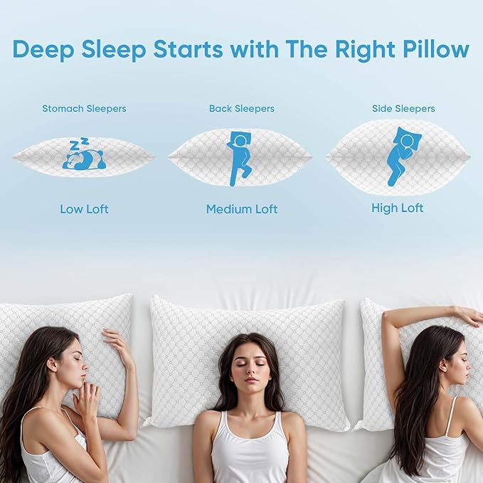 Shredded Memory Foam Pillows, Cooling Bed Pillows Queen Size Set of 2 for Sleeping, Adjustable Firm Pillows for Side Back and Stomach Sleepers, Washable Removable Cover