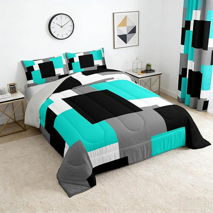 Castle Fairy Teal Black Grey Comforter Set King Size,Abstract Geometric Grid Down Alternative Adults Bedroom Decor,Modern Square Splicing Ultra Soft Microfiber Inner Fill 3Pcs Bedding