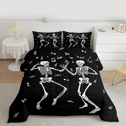 Erosebridal Halloween Skull Dancing Comforter Set Toddler, Gothic Skull Singing Bedding Set, Skeleton Music Note Comforter, Musical Notes Quilt for Kids Boys Men Goth Room Decor, 2 Piece