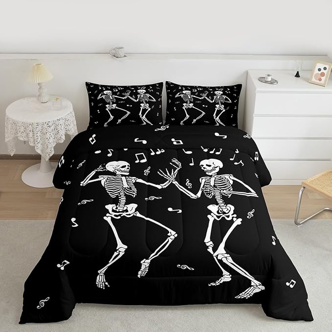 Erosebridal Halloween Skull Dancing Queen Comforter Set, Gothic Skull Singing Bedding Set, Skeleton Music Note Comforter, Musical Notes Quilt for Kids Boys Men Goth Room Decor, 3 Piece