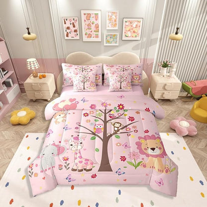 Erosebridal Kids Cute Animal 7 Piece Bedding Set Full Size,Butterflies Trees Bed in a Bag,Love Hearts Bed Set Includes Comforter, Sheet Set, Pillowcases & Pillow Covers All Season Bedroom Decor