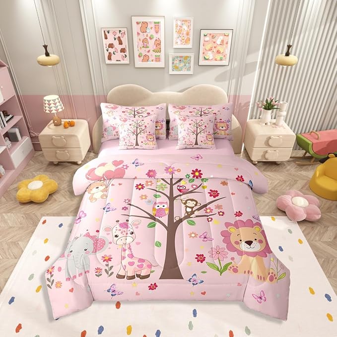 Erosebridal Kids Cute Animal 7 Piece Bedding Set Twin Size,Butterflies Trees Bed in a Bag,Love Hearts Bed Set Includes Comforter, Sheet Set, Pillowcases & Pillow Covers All Season Bedroom Decor