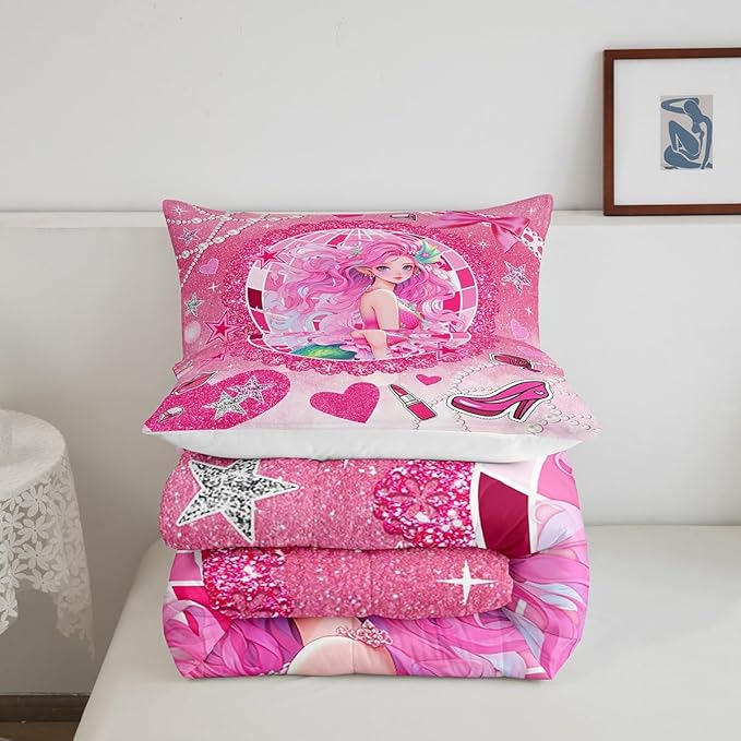 Mermaid Princess Kids Comforter Set Full Size,High-Heeled Shoes Lip Bowknot Romantic Bedding Set,Girls Women Room Decor,Glitter Sequin Castle Down Comforter,Pink Dreamy Duvet Insert,2 Pillowcases