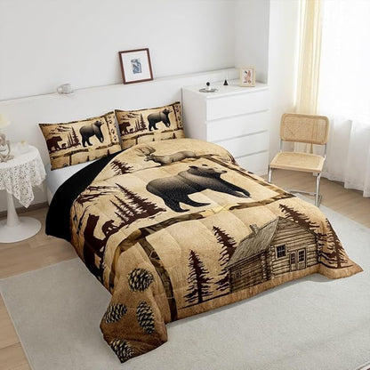 Feelyou Lodge Cabin Comforter Set King Size Gray Bear Pine Tree Silhouette Pattern Quilted Duvet with 2 Pillowcases+1 Wild Animal Western Jungle Style Bedding for Teens Adults 3 Pcs