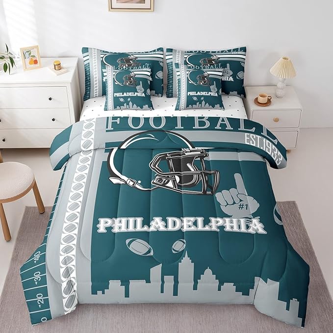 Feelyou Football 7 Pieces Comforter Sets Rugby Sports Bedding Set for Boys Kids Teen Twin Size Sports Theme Bed in a Bag with Comforter, Sheets, Pillowcases & Cushion Cover