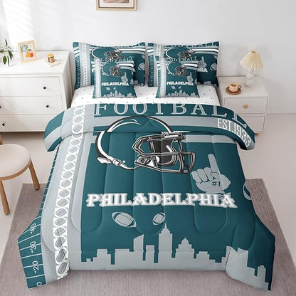 Feelyou Football 7 Pieces Comforter Sets Rugby Sports Bedding Set for Boys Kids Teen Twin Size Sports Theme Bed in a Bag with Comforter, Sheets, Pillowcases & Cushion Cover