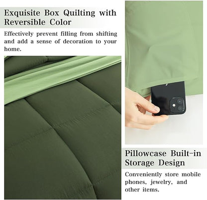 Queen Size Comforter Set - 8 Piece Green All-Season Luxury Bedding with Reversible Lightweight Comforter, Bed Skirt, Flat Sheets, Pillowcases & Pillow Shams