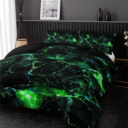 Green Comforter Set Full Size，Green Marble Bedding Set 3 Pcs Bedding for Adults, Marble Room Decor with Comforter and 2 Pillowcases Soft and Lightweight B-Side Black