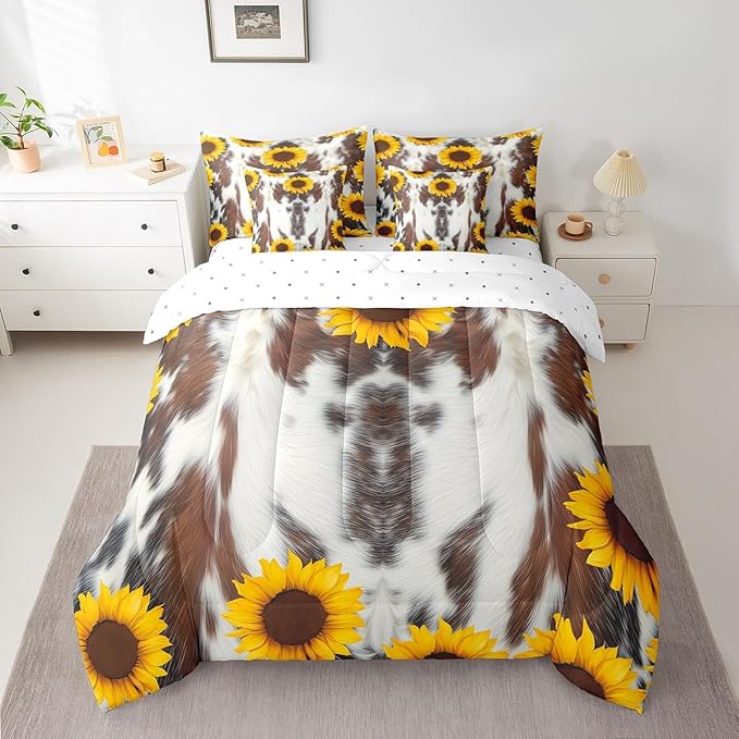 Erosebridal 7 Pcs Cow Print Comforter Set Full Size,Sunflower Cow Bed in a Bag with Flat Sheet and Fitted Sheet for Kids and Adults,Farm Cowhide Flower Bedding Set with Pillowcases and Cushion Cases