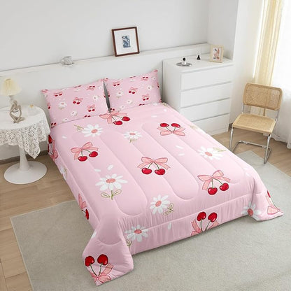Pink Bowknot Girly Comforter Set Queen Size,Bow Daisy Flowers Plant Cute Bedding Set,Girls Women Room Decor,Cherry Bow Tie Princess Castle Down Comforter,Pink Romantic Duvet Insert,2 Pillowcases