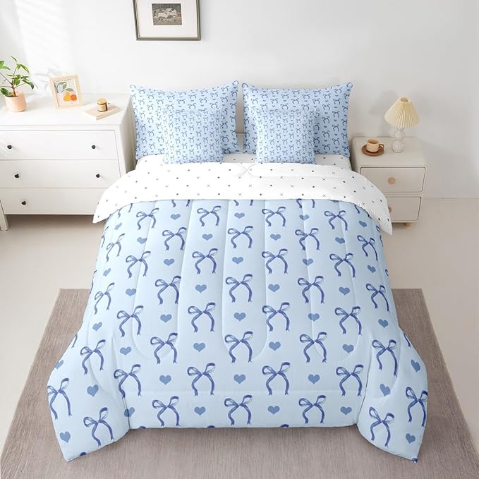 Erosebridal Blue Love Hearts Bowknot Full Comforter Set 7 Pieces | Ribbon Girly Kids Bed in A Bag for Bedroom Cute Dreamy Bow Kawaii Bedding Set with Comforters Adults Women Teens Room Decor