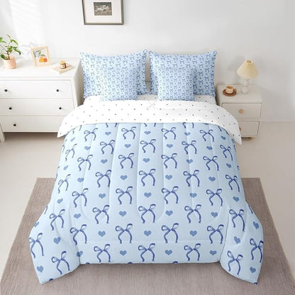 Erosebridal Blue Love Hearts Bowknot King 7-Piece Comforter Set | Ribbon Girly Kids Sheets and Pillowcases Cute Dreamy Bow Kawaii Bed in A Bag Adults Women Teens Bed Sets