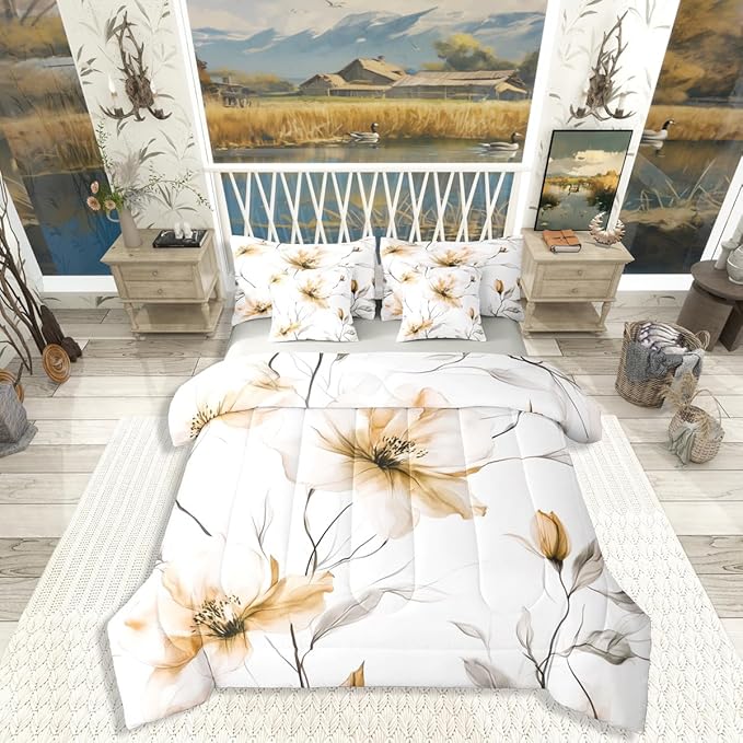 Erosebridal Champagne Flower Full 7 Pieces Bedding Set, Boho Floral Comforter Set with Sheets, Elegant Flower Boho Bed in A Bag for Women Adults Girls Bedroom, Watercolor Flowers Bed Sets