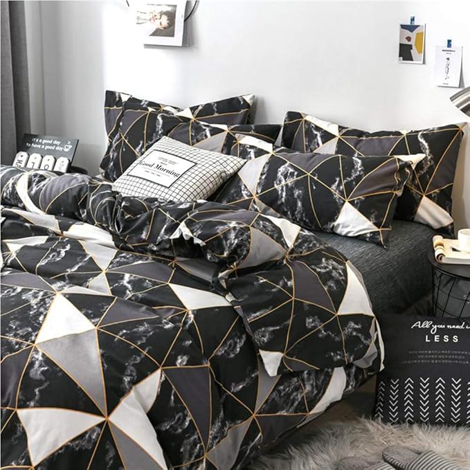 CLOTHKNOW Black White Marble Twin/Twin XL Comforter Set Geometric Triangle Bedding Comforter Sets Black White Comforter with 2 x Pillowcases
