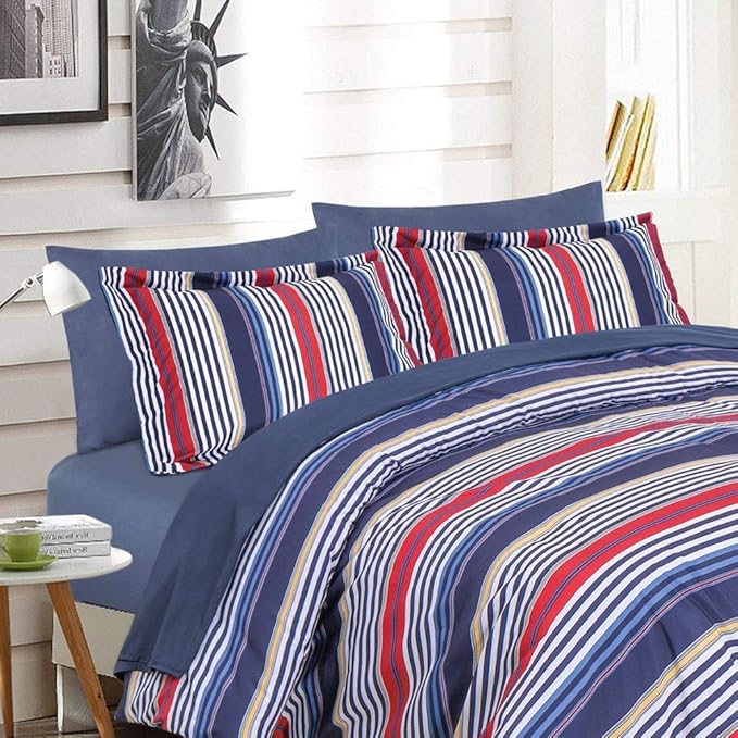 EMME Queen Comforter Set-Bed in A Bag Striped, 7 Piece Navy Red Bedding Sets Queen Size with Sheets, Full Size Comforter, Pillowcases&Shams, Soft Down Alternative Bed Set for All Season