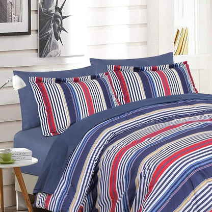 EMME Queen Comforter Set-Bed in A Bag Striped, 7 Piece Navy Red Bedding Sets Queen Size with Sheets, Full Size Comforter, Pillowcases&Shams, Soft Down Alternative Bed Set for All Season