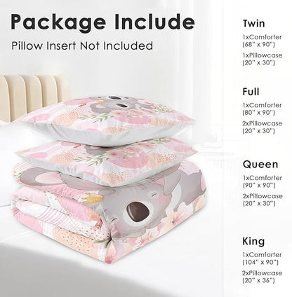 Comforter Set Twin Size, Cute Koala Bear 2 Pcs Soft Bedding Set for Kids and Adults, Floral Animal Flower Comforter Set with Pillowcase, for Bedroom Bed Decor