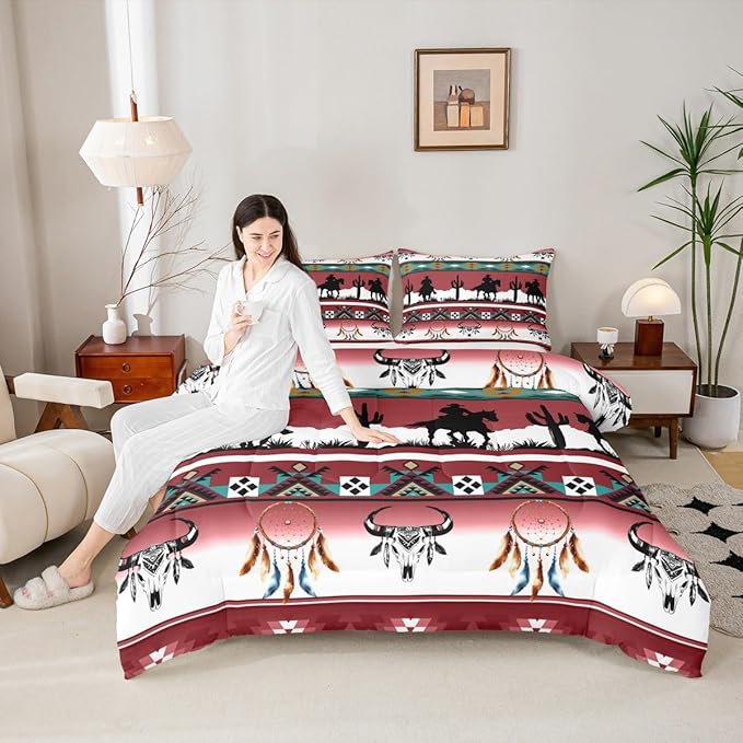 Erosebridal King Size Western Bedding Set Longhorn Skull Dream Catcher Boho Comforter Set for Kids Boys Teens Adult Bedroom, Cowboy Horse Western Duvet Insert Southwestern Geometric Quilt, Red