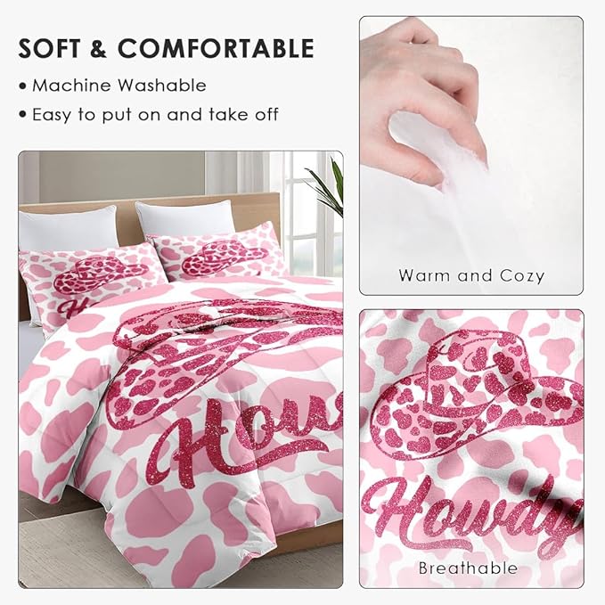 Queen Size Comforter Set with 2 Pillowcases, Western Cowboy Cow 3 Pcs Bedding for Kids and Adults, Pink Cowgirl Leopard Print Soft Comforter Set for Bedroom Bed Decor