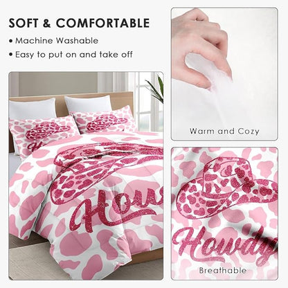Queen Size Comforter Set with 2 Pillowcases, Western Cowboy Cow 3 Pcs Bedding for Kids and Adults, Pink Cowgirl Leopard Print Soft Comforter Set for Bedroom Bed Decor