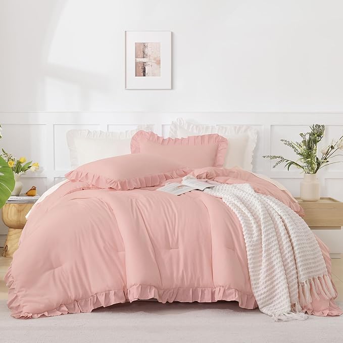 Andency Blush Ruffle Comforter Set, 2 Pieces Kids Comforter Set Twin(66x90Inch), Farmhouse Shabby Chic Comforter Set, Soft Microfiber Kids Bedding Set