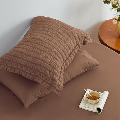 Love's cabin Seersucker Mocha Mousse Full Comforter Set, 7-Piece All Season Lightweight Bed in a Bag Bedding Set with Comforter, Flat Sheet, Fitted Sheet, Pillowcases and Shams | Soft, Breathable, Lightweight