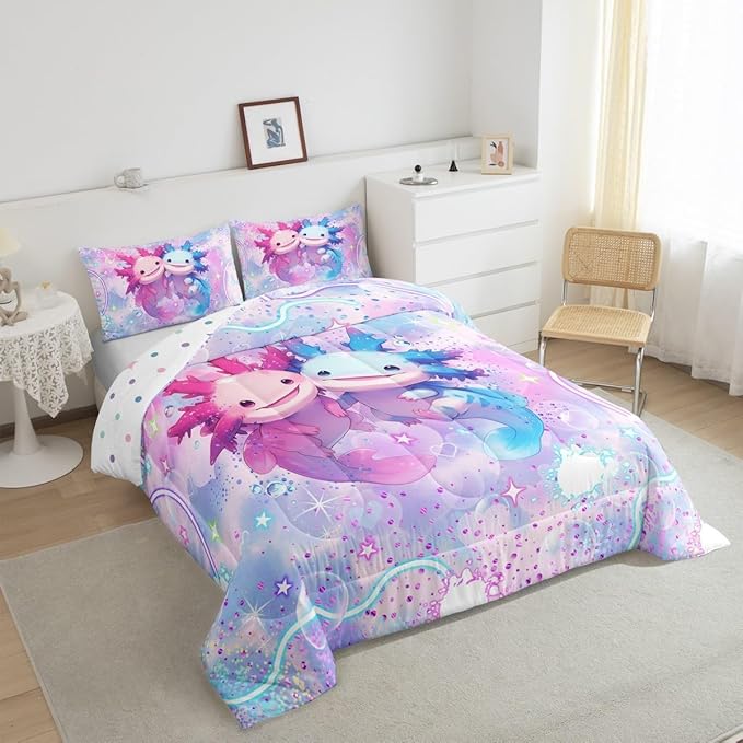 Kawaii Axolotl Bedding Set Full Size Colorful Glitter Sky Galaxy Comforter Set for Girls Kids Teens Cartoon Dream Fairy Tale Style Quilted Duvet Set Room Decor 3Pcs,Reversible Colorful