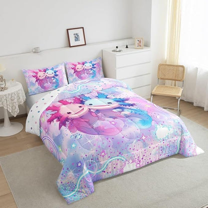 Kawaii Axolotl Bedding Set Full Size Colorful Glitter Sky Galaxy Comforter Set for Girls Kids Teens Cartoon Dream Fairy Tale Style Quilted Duvet Set Room Decor 3Pcs,Reversible Colorful