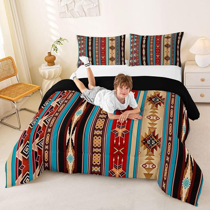 Aztec Bedding Set Ethnic Tribal Arrow Queen Comforter Set,Vintage Southwestern Native Bohemian Quilt,Western Star Duvet Insert Exotic Geometric Diamond Stripes Room Decor,Burnt Sienna Brown