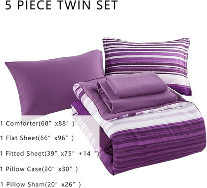KAKIJUMN 5 Piece Bed in a Bag Stripe Comforter Set Twin Size, White and Purple Patchwork Striped Comforter and Sheet Set, All Season Soft Microfiber Complete Bedding Sets(Purple,Twin)