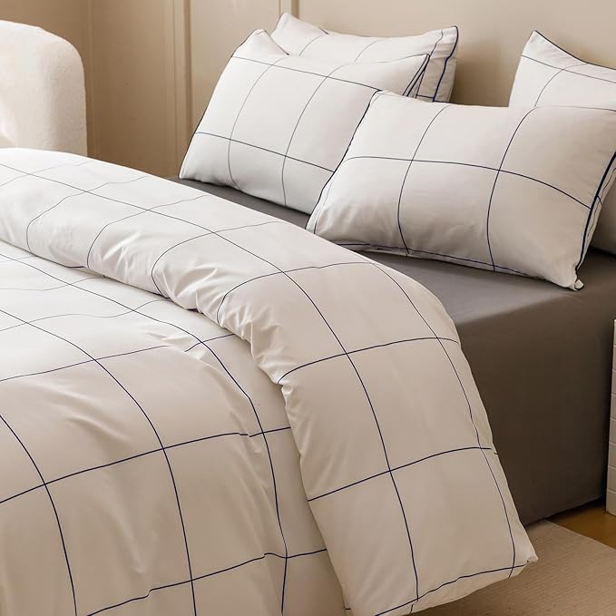 KAREVER White Grid Comforter Queen Women Navy Blue Square Lines Checkered Bedding Set Queen White Plaid Comforter Queen Size