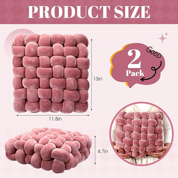 Wenqik 2 Pcs Knot Pillows Square Knotted Plush Throws Soft Accent Pillows Decoration Cushion for Couch Home Office Living Room Bedroom Bed Sofa Decor, 12'' x 13''(Pink Violet,Crystal Velvet)