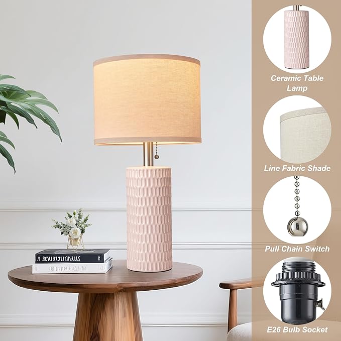 20.5" Modern Ceramic Table Lamps for Bedroom Set of 2, Bedside Lamps for Night Stands with Beige Lampshade, Farmhouse Table Lamp for Living Room Office Dorm, Pink
