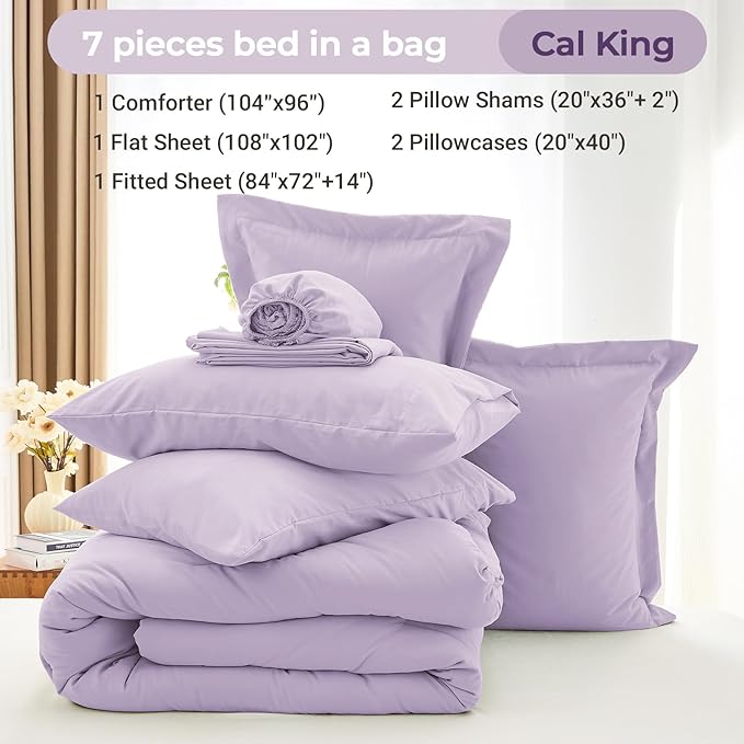 MUXHOMO 7 Pieces California King Comforter Set, Soft Bed in a Bag Cal King Size, All Season Bedding Set with Comforter, Flat Sheet, Fitted Sheet, Pillowcases & Shams, Lavender