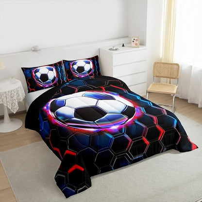 Manfei Football Kids Comforter Set Full Size,Soccer Game Ball Sports Bedding Set,Girls Boys Room Decor,Geometric Honeycomb Hexagon Quilt Comforter,Black Red Duvet Set Bedroom Quilt Set,2 Pillowcases