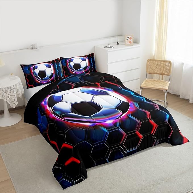 FootballComforter Set King Size,Soccer Game Ball Sports Kids Bedding Set,Geometric Honeycomb Hexagon Quilt Comforter,Black Red Duvet Insert,2 Pillowcases