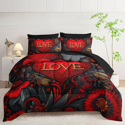 7 Piece Red Heart Comforter Set Queen Size，Black and Gold Flowers Bedding Queen Set ，(1 Comforter, 1 Flat Sheet, 1 Fitted Sheet, 2 Pillowcase and 2 Pillow Sham)，Valentine's Day Decor Bedroom