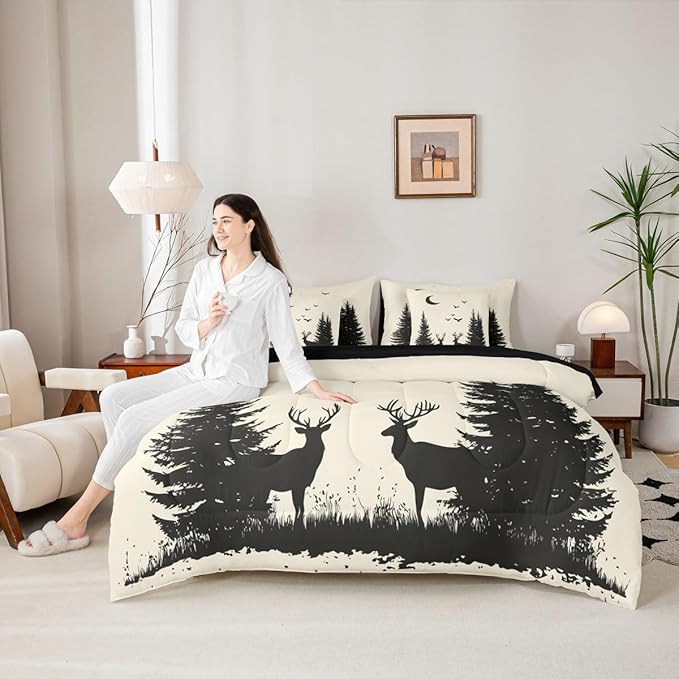 Erosebridal Queen Size Rustic Deer Comforter Set with Sheets 7 Pcs | Forest Cute Moose Wild Animal Bedding Set for Kids Boys Girls Farmhouse Cabin Lodge Bed in A Bag Tree Moon Woodland Quilt Sets