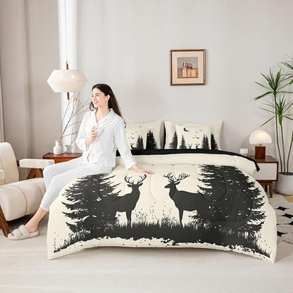Erosebridal Queen Size Rustic Deer Comforter Set with Sheets 7 Pcs | Forest Cute Moose Wild Animal Bedding Set for Kids Boys Girls Farmhouse Cabin Lodge Bed in A Bag Tree Moon Woodland Quilt Sets