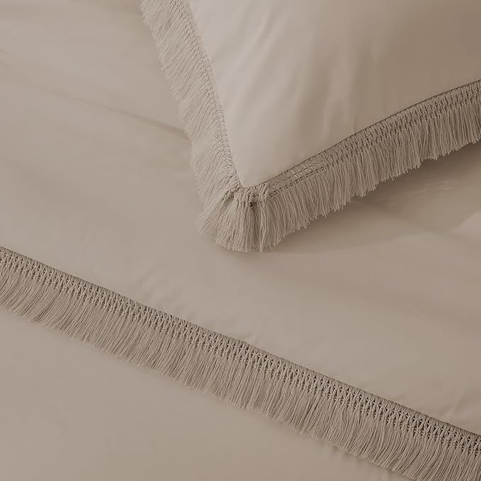 Andency King Size Comforter Set Khaki, 3 Pieces Boho Soft Lightweight Bedding Comforter Sets, Tassel All Season Bed Set (104x90In Comforter & 2 Pillowcases)
