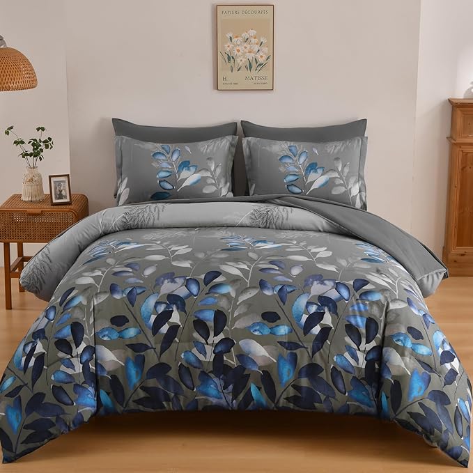 Anibedding Botanical Queen Comforter Set, 7 Piece Grey Blue Leaves Ultra Soft Microfiber Down Alternative Bedding Set with Sheets and Pillowcase for All Season