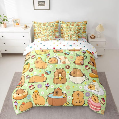 Capybara Themed 7 Pcs Bedding Set Full Size,Funny Cute Capybaras Bed in a Bag,Rodent Animals Bed Set Includes Comforter,Sheet Set,Pillowcases & Pillow Covers,Yummy Desserts Love Hearts Bedroom Decor