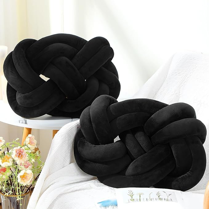 Sintuff Set of 2 Velvet Knot Pillow Ball 14 x 16 Inch Soft Decorative Knotted Throw Pillow for Christmas Thanksgiving Couch Home Sofa Bedroom Decor to Add Comfort and Style(Black)