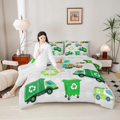 Feelyou Boys Green Garbage Truck Bedding Set - Cartoon Trash Truck Comforter Set for Kids - King Size with 2 Pillow Case