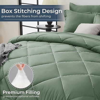 HEVUMYI Sage Green King Comforter Set - 7-Piece All Season Bed in a Bag King, Ultra Soft Bedding Set with Comforter, Flat Sheet, Fitted Sheet, Pillowcases, Pillow Shams, Sage Green