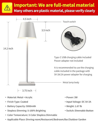 KDG 2 Pack Cordless Table Lamp, Portable LED Desk Lamp, 5000mAh Battery Operated, 3 Color Stepless Dimming Up, for Restaurant/Bedroom/Bars/Outdoor Party/Camping/Coffee Shop Night Light(White)